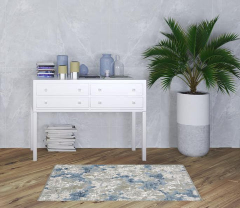 3' X 5' Grey Blue Ivory Navy Beige And Brown Abstract Power Loom Stain Resistant Area Rug