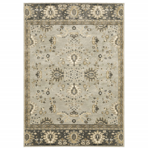 5' X 8' Grey Brown Tan And Beige Oriental Power Loom Stain Resistant Area Rug