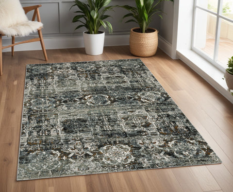 4' X 6' Charcoal Gray And White Oriental Distressed Area Rug