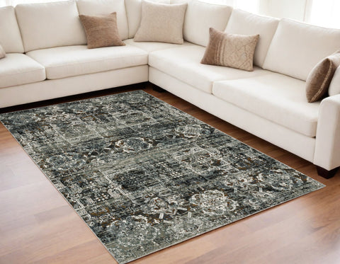 5' X 8' Charcoal Gray And White Oriental Distressed Area Rug