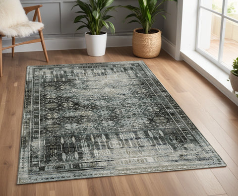 4' X 6' Charcoal And Gray Oriental Distressed Area Rug