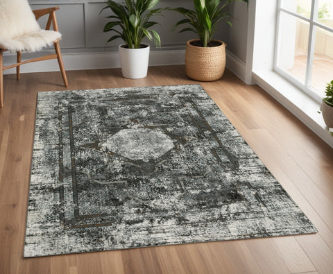 4' X 6' Charcoal And Gray Oriental Distressed Area Rug