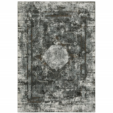 7' X 10' Charcoal And Gray Oriental Distressed Area Rug