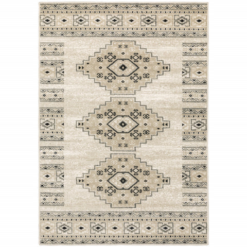 6' X 9' Ivory Grey Black And Ivory Southwestern Power Loom Stain Resistant Area Rug