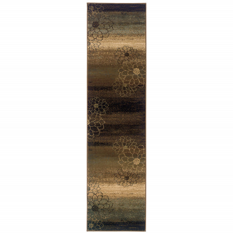 8' Brown Beige And Black Floral Runner Rug