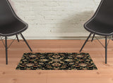 2' X 4' Green and Black Floral Power Loom Area Rug