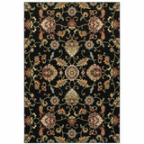 4' X 6' Black Red Green Ivory Salmon And Yellow Floral Power Loom Stain Resistant Area Rug