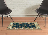 2' X 4' Navy And Ivory Oriental Power Loom Stain Resistant Area Rug