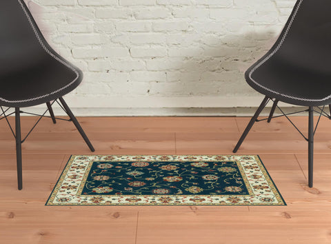 2' X 4' Navy And Ivory Oriental Power Loom Stain Resistant Area Rug