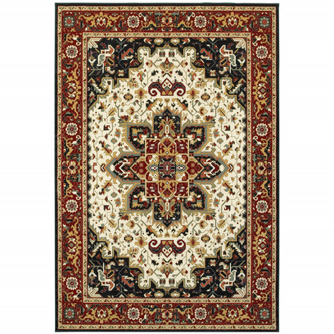 5' X 8' Red And Ivory Oriental Power Loom Stain Resistant Area Rug