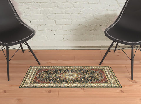2' X 4' Navy And Ivory Oriental Power Loom Stain Resistant Area Rug