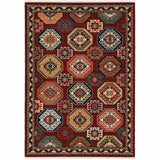 5' X 8' Red Blue And Black Oriental Area Rug With Fringe