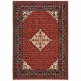 5' X 8' Red Blue And Black Oriental Area Rug With Fringe