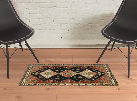 2' X 3' Charcoal Brown Orange Salmon Gold Navy Ivory And Pale Blue Oriental Power Loom Stain Resistant Area Rug With Fringe