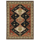 2' X 3' Charcoal Brown Orange Salmon Gold Navy Ivory And Pale Blue Oriental Power Loom Stain Resistant Area Rug With Fringe