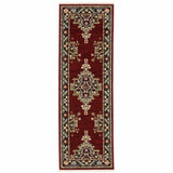 2' X 6' Red Black Beige And Blue Oriental Power Loom Stain Resistant Runner Rug With Fringe