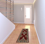 2' X 6' Red Black Beige And Blue Oriental Power Loom Stain Resistant Runner Rug With Fringe