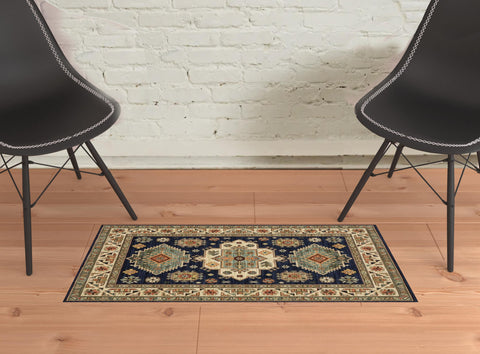 2' X 3' Navy Charcoal Orange Rust Gold Pale Blue Olive Beige And Salmon Oriental Power Loom Stain Resistant Area Rug With Fringe