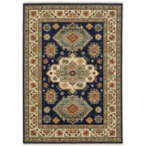 5' X 8' Blue and Beige Oriental Power Loom Area Rug With Fringe