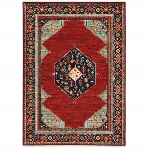 2' X 3' Red Blue Orange And Ivory Oriental Power Loom Stain Resistant Area Rug With Fringe