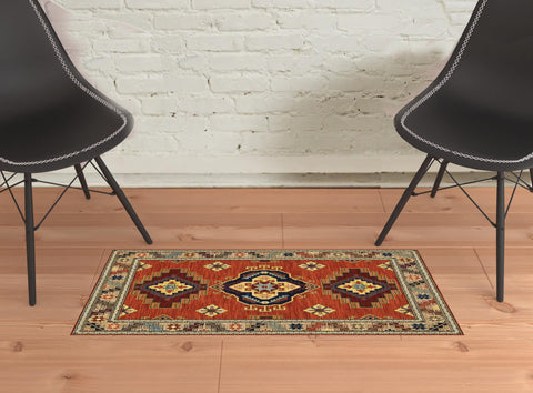 2' X 3' Red and Gold Oriental Power Loom Area Rug