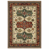 2' X 3' Brick Red Orange Rust Beige Gold Pale Blue Olive Navy And Black Oriental Power Loom Stain Resistant Area Rug With Fringe