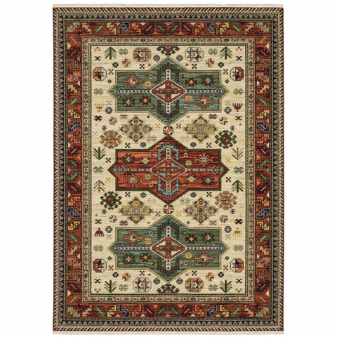 2' X 3' Brick Red Orange Rust Beige Gold Pale Blue Olive Navy And Black Oriental Power Loom Stain Resistant Area Rug With Fringe