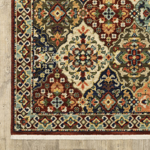 2' X 3' Red Rust Navy Light Blue Brown Orange Ivory And Gold Oriental Power Loom Stain Resistant Area Rug With Fringe