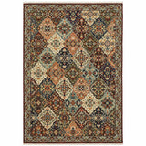 3' X 5' Red Rust Navy Light Blue Brown Orange Ivory And Gold Oriental Power Loom Stain Resistant Area Rug With Fringe