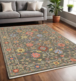 5' X 8' Gray Blue And Orange Oriental Area Rug With Fringe