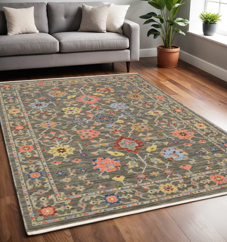 5' X 8' Gray Blue And Orange Oriental Area Rug With Fringe