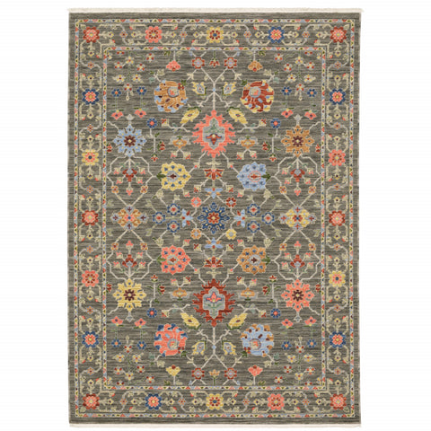 5' X 8' Gray Blue And Orange Oriental Area Rug With Fringe