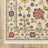 2' X 6' Ivory Salmon Pink Gold Blues Grey Rust And Green Oriental Power Loom Stain Resistant Runner Rug With Fringe