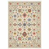 5' X 8' Ivory Blue And Red Oriental Area Rug With Fringe