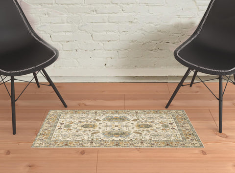 2' X 3' Gray And Ivory Oriental Power Loom Area Rug With Fringe