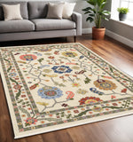 5' X 8' Ivory Green And Red Oriental Area Rug With Fringe
