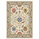 5' X 8' Ivory Green And Red Oriental Area Rug With Fringe