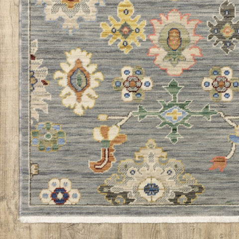 7' X 10' Gray Ivory And Blue Oriental Area Rug With Fringe