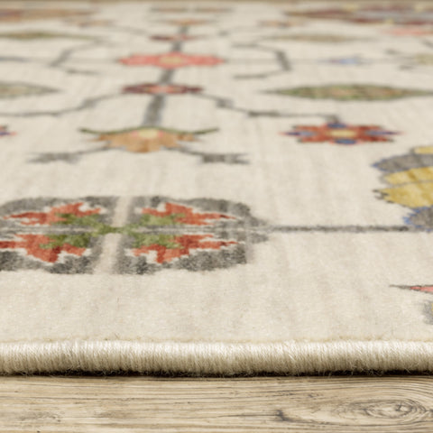 2' X 6' Ivory Yellow Rust Green Grey Pink Orange Blue And Grey Oriental Power Loom Stain Resistant Runner Rug With Fringe