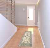 6' Ivory And Blue Oriental Runner Rug With Fringe