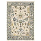 5' X 8' Ivory And Blue Oriental Area Rug With Fringe