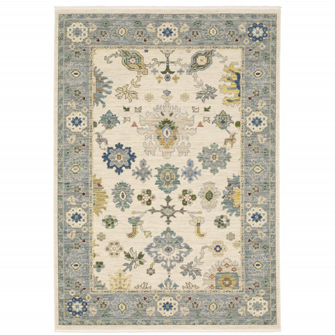 5' X 8' Ivory And Blue Oriental Area Rug With Fringe