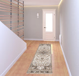 2' X 8' Ivory And Blue Oriental Power Loom Stain Resistant Runner Rug With Fringe