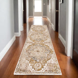 2' X 8' Gold And Ivory Oriental Power Loom Stain Resistant Runner Rug With Fringe