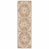 2' X 8' Gold And Ivory Oriental Power Loom Stain Resistant Runner Rug With Fringe