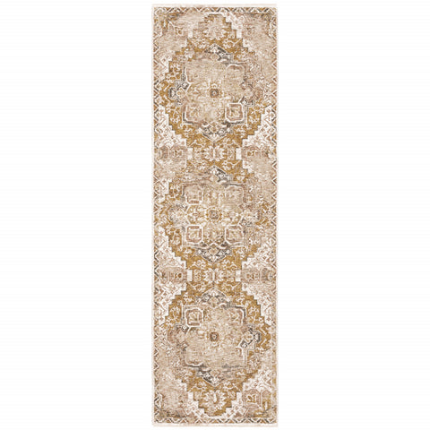 2' X 8' Gold And Ivory Oriental Power Loom Stain Resistant Runner Rug With Fringe