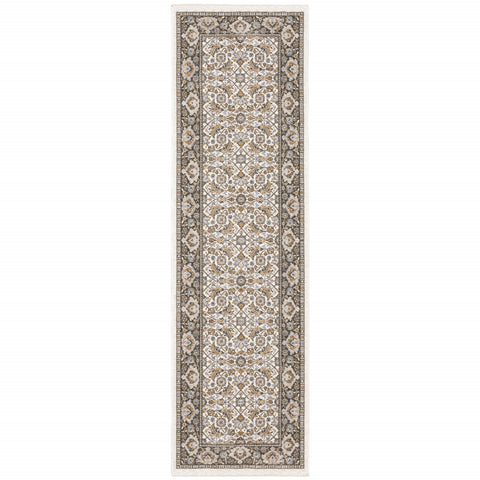 2' X 8' Ivory And Grey Oriental Power Loom Stain Resistant Runner Rug With Fringe