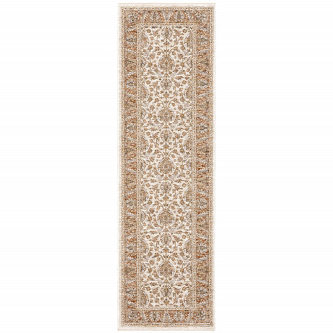 2' X 8' Rust And Ivory Oriental Power Loom Stain Resistant Runner Rug With Fringe