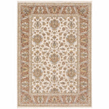 5' X 8' Rust And Ivory Oriental Power Loom Stain Resistant Area Rug With Fringe