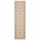 2' X 8' Ivory And Gold Oriental Power Loom Stain Resistant Runner Rug With Fringe